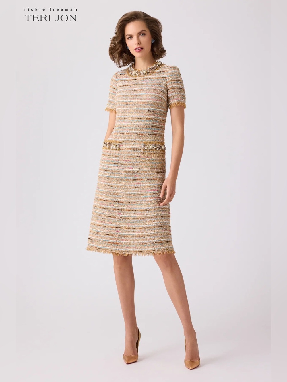TERI JON Rickie Freeman Fringe Trim Boucle Dress Short Sleeve Natural Tweed 2